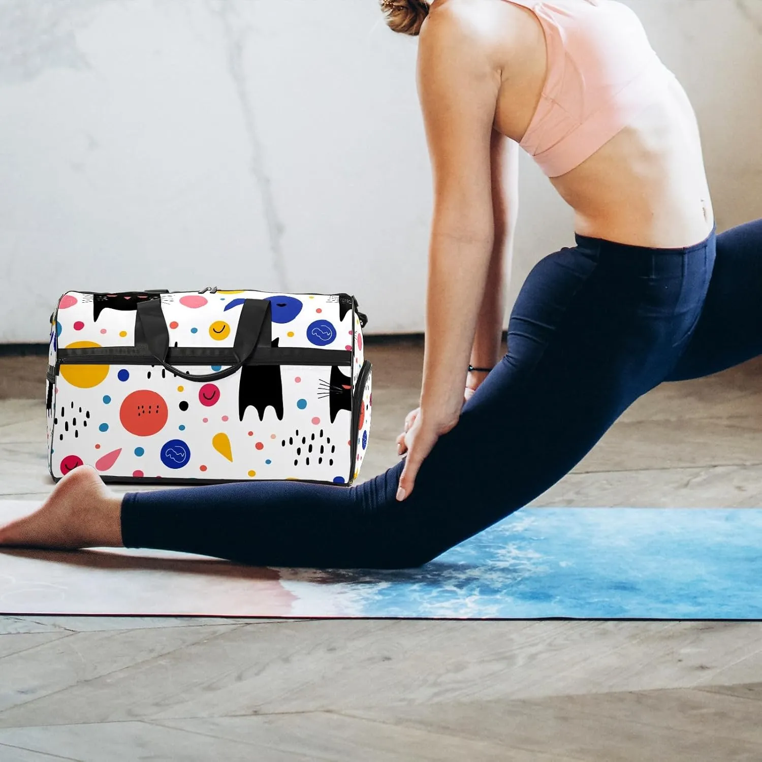 Gym Bag for Women Men, Yoga Bag with Shoe Pocket, Travel Duffel Tote Bag for Plane, Workout, Swimming, Weekend Overnight Bag Carry on Bag Hospital Holdalls, Cat Simple Drawing - 5