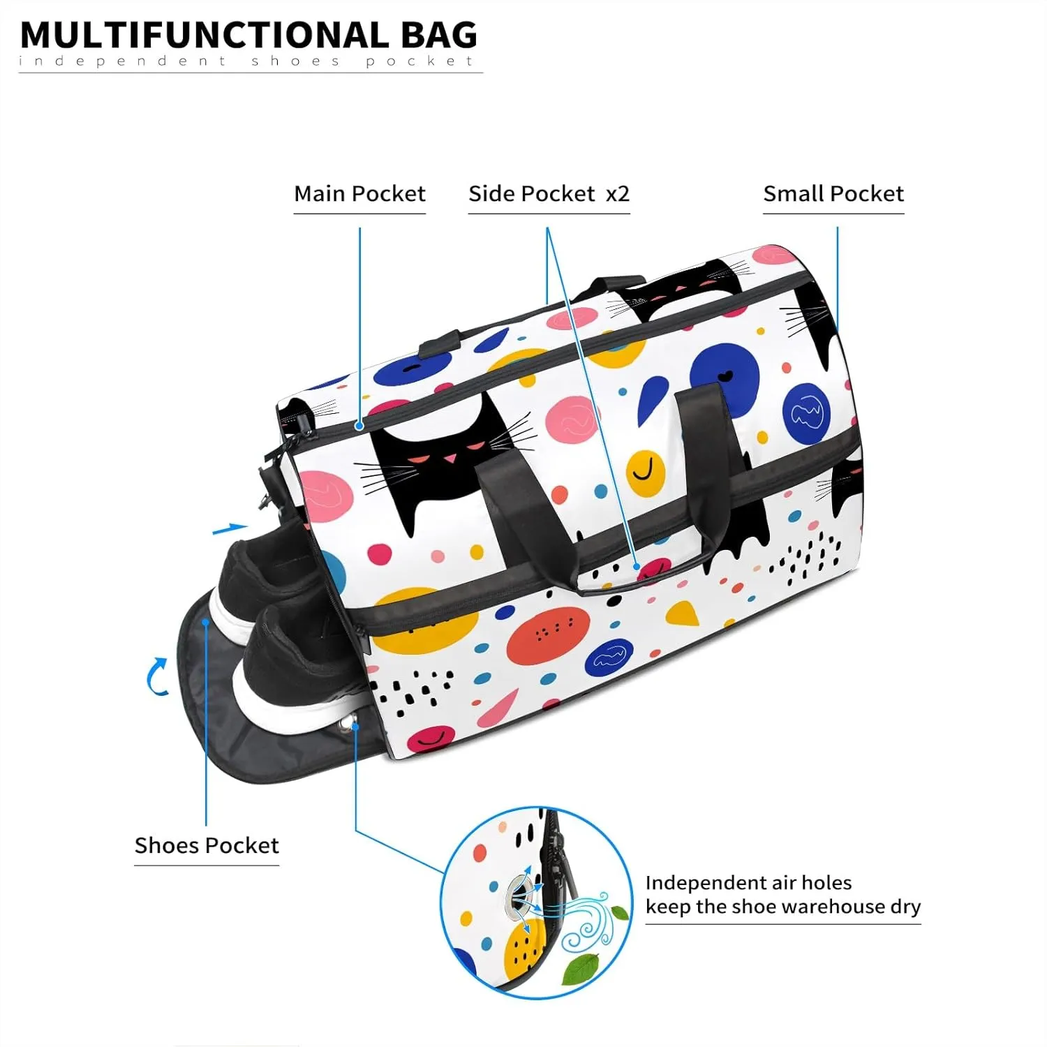 Gym Bag for Women Men, Yoga Bag with Shoe Pocket, Travel Duffel Tote Bag for Plane, Workout, Swimming, Weekend Overnight Bag Carry on Bag Hospital Holdalls, Cat Simple Drawing - 5