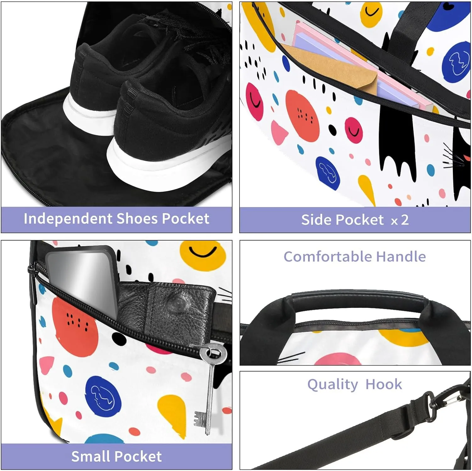 Gym Bag for Women Men, Yoga Bag with Shoe Pocket, Travel Duffel Tote Bag for Plane, Workout, Swimming, Weekend Overnight Bag Carry on Bag Hospital Holdalls, Cat Simple Drawing - 5
