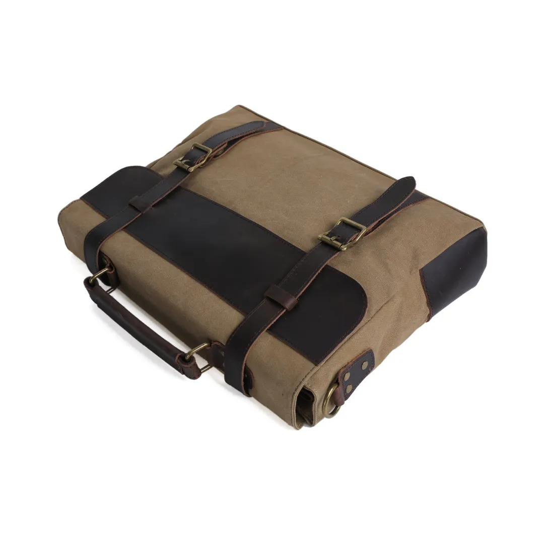 Handmade Waxed Canvas with Leather Briefcase Messenger Bag - Khaki
