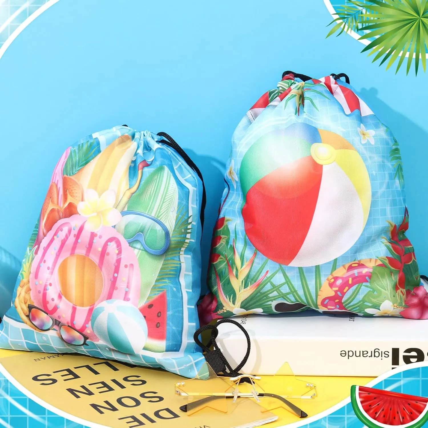 Kacctyen 6 Pcs Pool Beach Drawstring Bags Summer Drawstring Backpack Beach Ball String Birthday Bag Pool Party Decoration (Classic)
