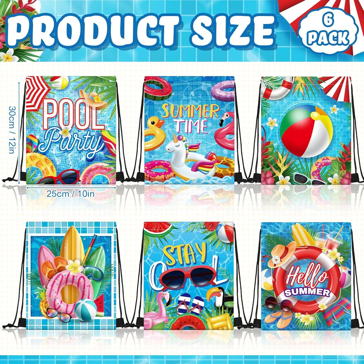 Kacctyen 6 Pcs Pool Beach Drawstring Bags Summer Drawstring Backpack Beach Ball String Birthday Bag Pool Party Decoration (Classic)