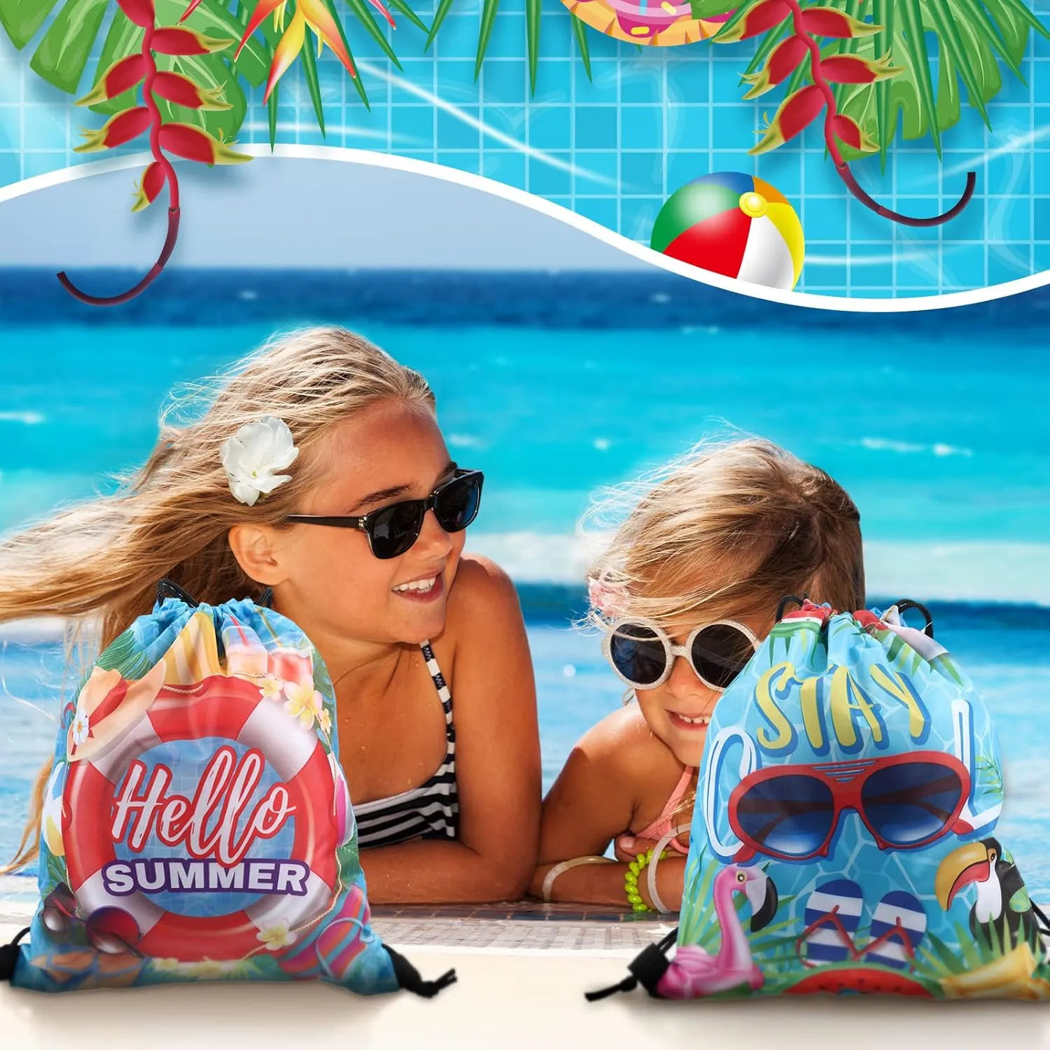 Kacctyen 6 Pcs Pool Beach Drawstring Bags Summer Drawstring Backpack Beach Ball String Birthday Bag Pool Party Decoration (Classic)