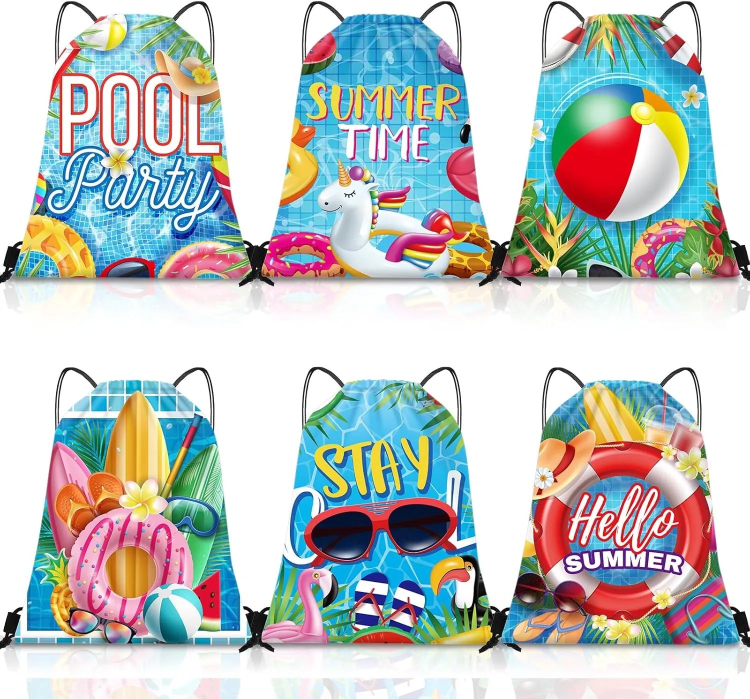Kacctyen 6 Pcs Pool Beach Drawstring Bags Summer Drawstring Backpack Beach Ball String Birthday Bag Pool Party Decoration (Classic)