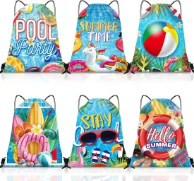 Kacctyen 6 Pcs Pool Beach Drawstring Bags Summer Drawstring Backpack Beach Ball String Birthday Bag Pool Party Decoration (Classic)