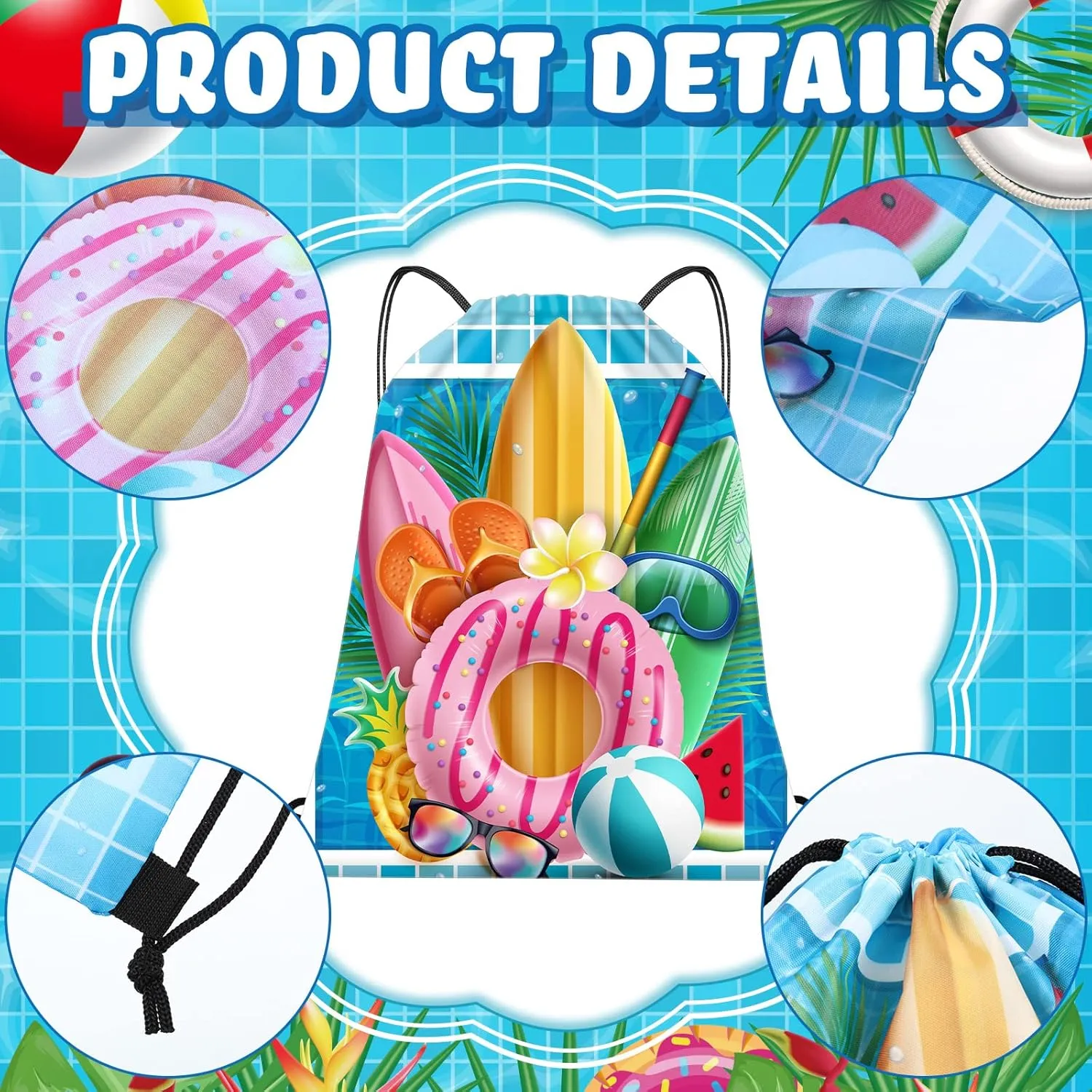 Kacctyen 6 Pcs Pool Beach Drawstring Bags Summer Drawstring Backpack Beach Ball String Birthday Bag Pool Party Decoration (Classic)