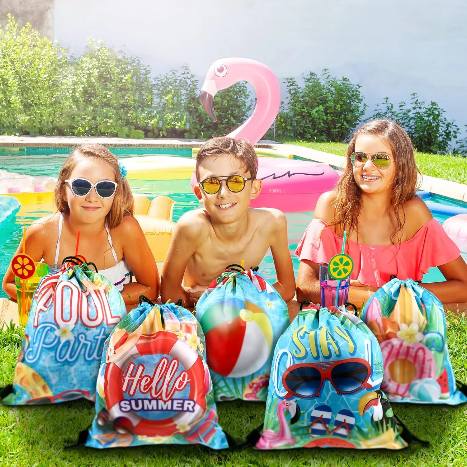 Kacctyen 6 Pcs Pool Beach Drawstring Bags Summer Drawstring Backpack Beach Ball String Birthday Bag Pool Party Decoration (Classic)
