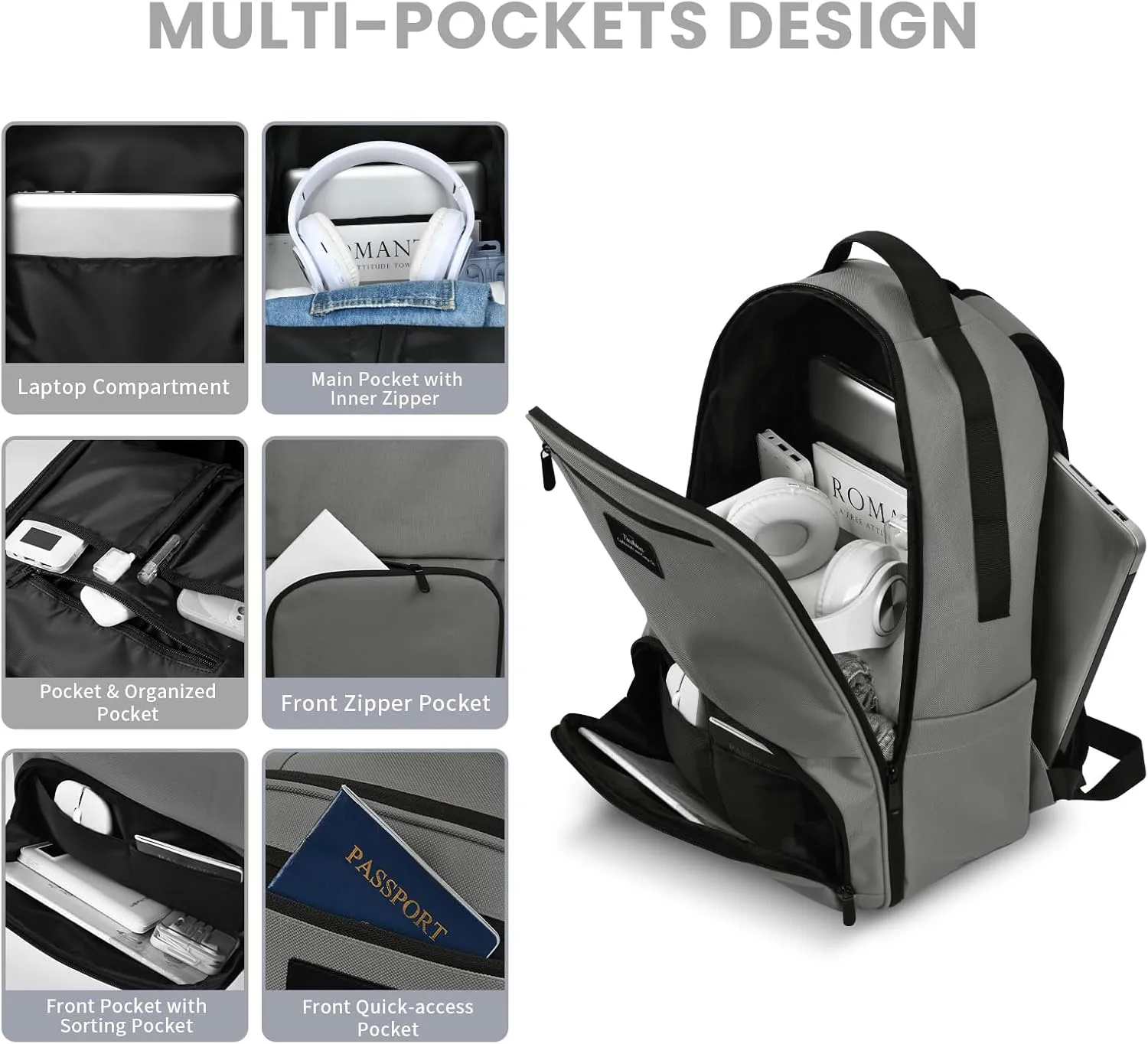 Laptop Backpack for Men, Mens Work Backpack, Bookbag for Men Women, Book Bag for School Teens, Travel Laptop Backpack Fits 15.6 Inch Notebook, Water Resistant Backpack with Luggage Strap (Grey)