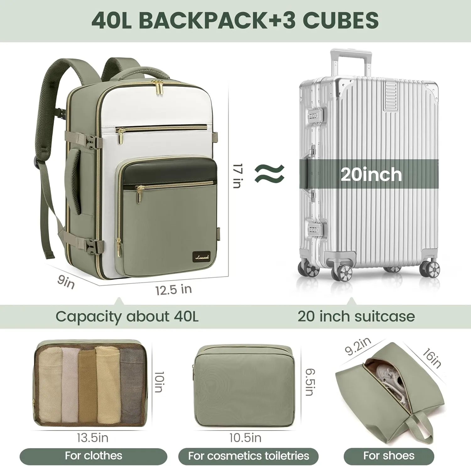 LOVEVOOK Travel Backpack For Women,40L Carry On Backpack Flight Approved,TSA Personal Item Travel Bag Fits 17 Inch Laptop,Business Weekender Overnight Daypack with Toiletry Bag and Cubes