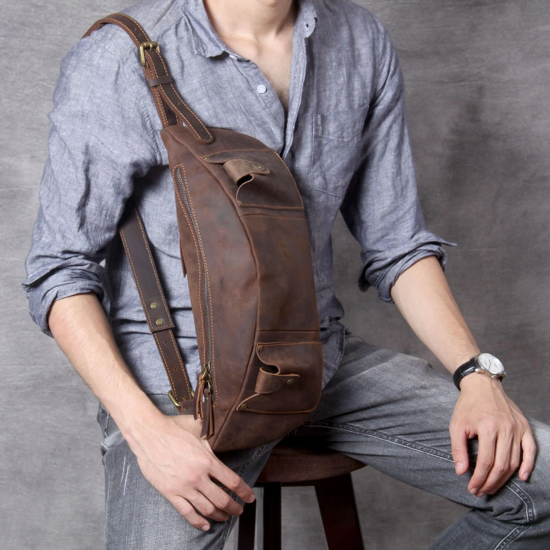 Mens Leather Crossbody Bag with Adjustable Belt