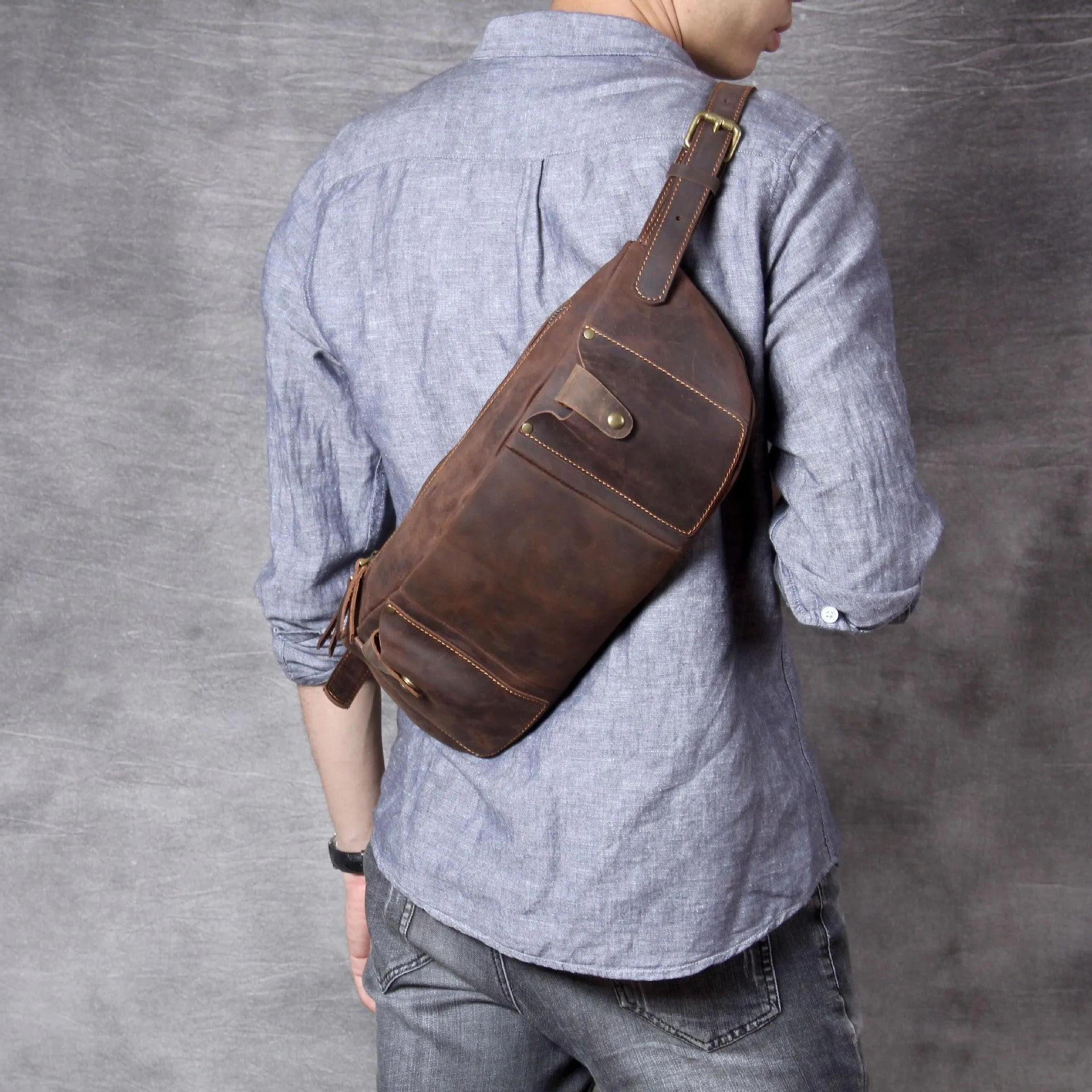 Mens Leather Crossbody Bag with Adjustable Belt