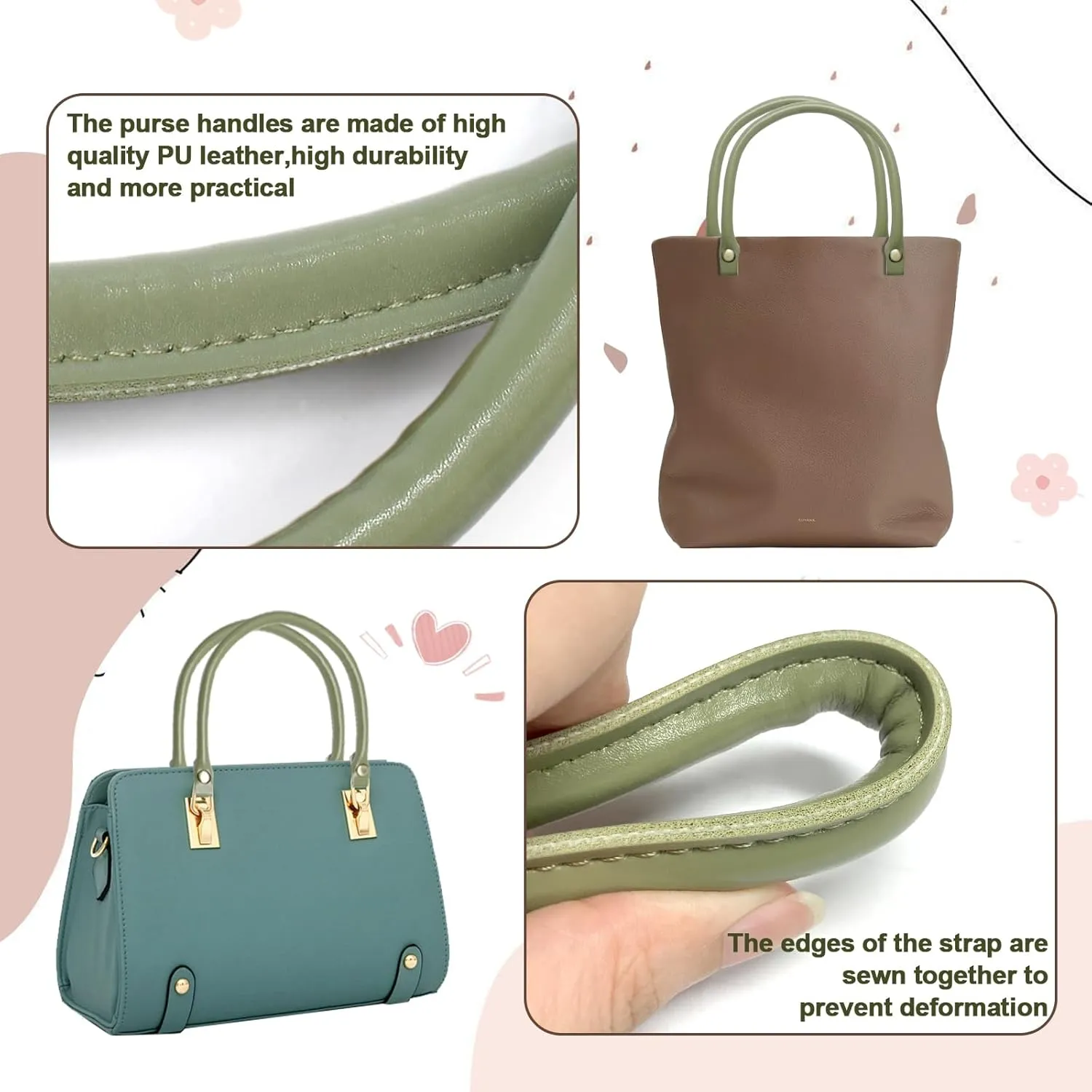 Murtenze 2PCS Leather Purse Handles, 0.5'' Wide 15.7" Length Matcha Green PU Leather Purses Straps with Button for Handbag DIY Making Accessories, Leather Handles for Bags Handles