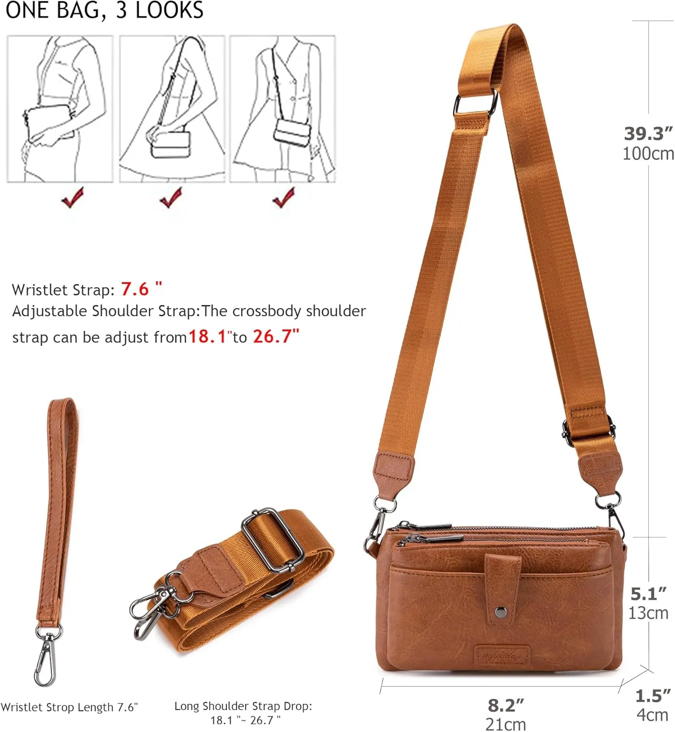 myfriday Womens Vintage Vegan Leather Wristlet Clutch Purse with Zip Around 2 Strap & Detchable Card Holder
