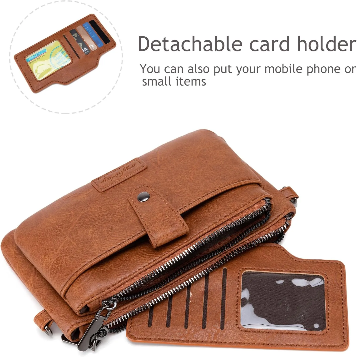 myfriday Womens Vintage Vegan Leather Wristlet Clutch Purse with Zip Around 2 Strap & Detchable Card Holder