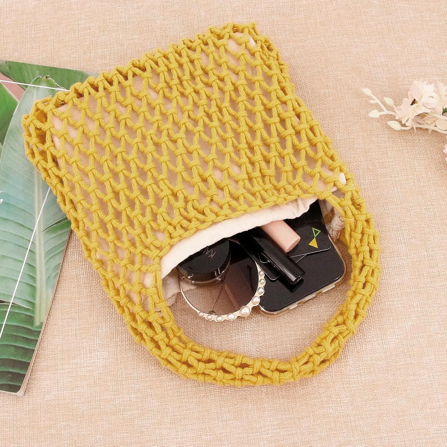 Naimo Straw Beach Bag Large Woven Rattan Shoulder Bag Fishing Net Handbag Cotton Rope Tote Summer Crochet Hobo Bag
