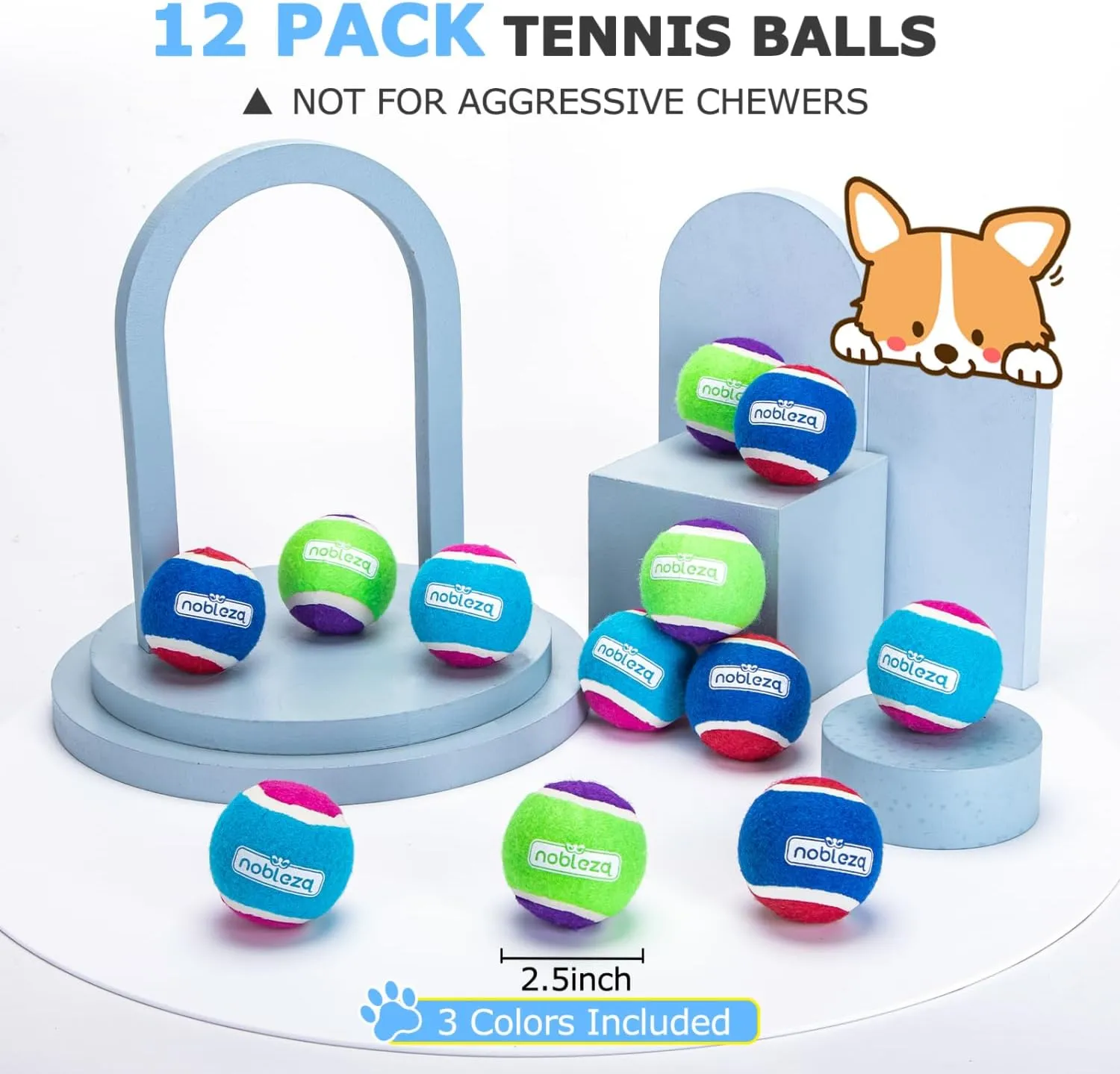 Nobleza Dog Tennis Balls 12 Pack, Durable Bouncy Floatable Squeaky Tennis Balls for Dogs for Fetch & Exercise, Training Interactive Natural Rubber Squeaky Dog Ball for Small Medium Dogs, 2.5in