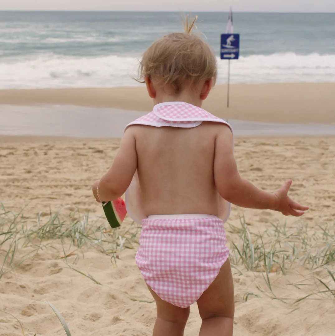 On The Go - Gift Set, Reusable Swim Nappy, Wet Bag and Baby Bib - Pink Check