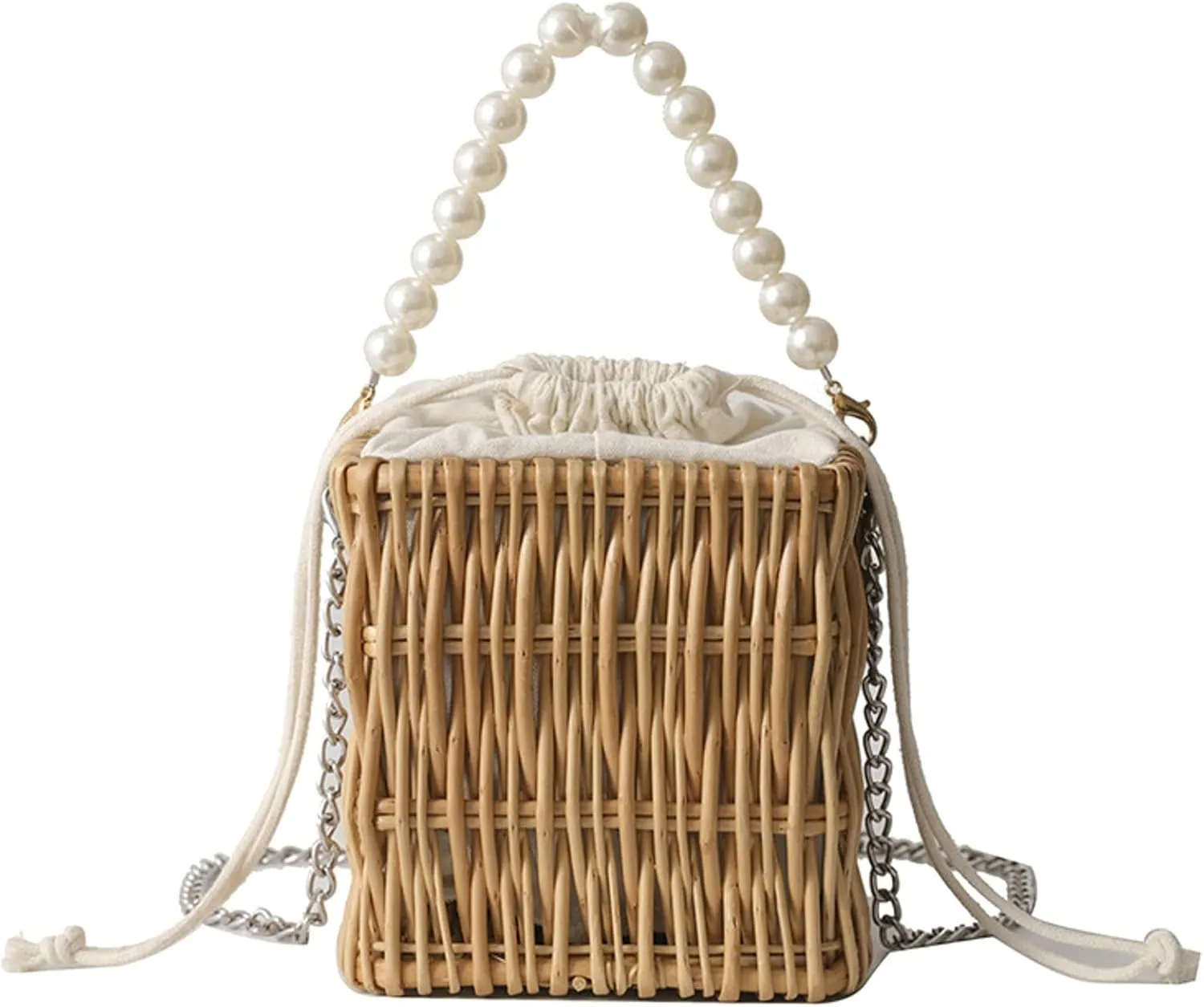 Pearl Crossbody Bucket Handbag Handwoven Mini Straw Basket Vintage Beach Bag Satchel Style Travel Vacation Daily Use