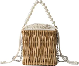Pearl Crossbody Bucket Handbag Handwoven Mini Straw Basket Vintage Beach Bag Satchel Style Travel Vacation Daily Use