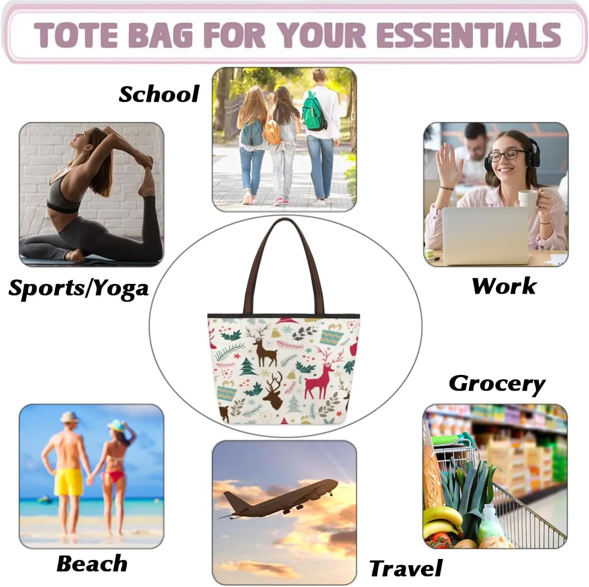 Tote Bag for Women with Zipper Large Capacity Top Handle Casual Shoulder Bag Handbag Reusable Shopping