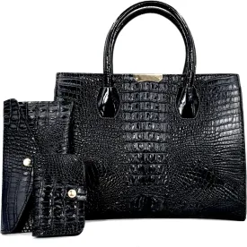 Tote Top-handle Handbags Patent PU Leather Women Purse Satchel Crocodile Pattern Shoulder Crossbody Bag 3 Pcs Set