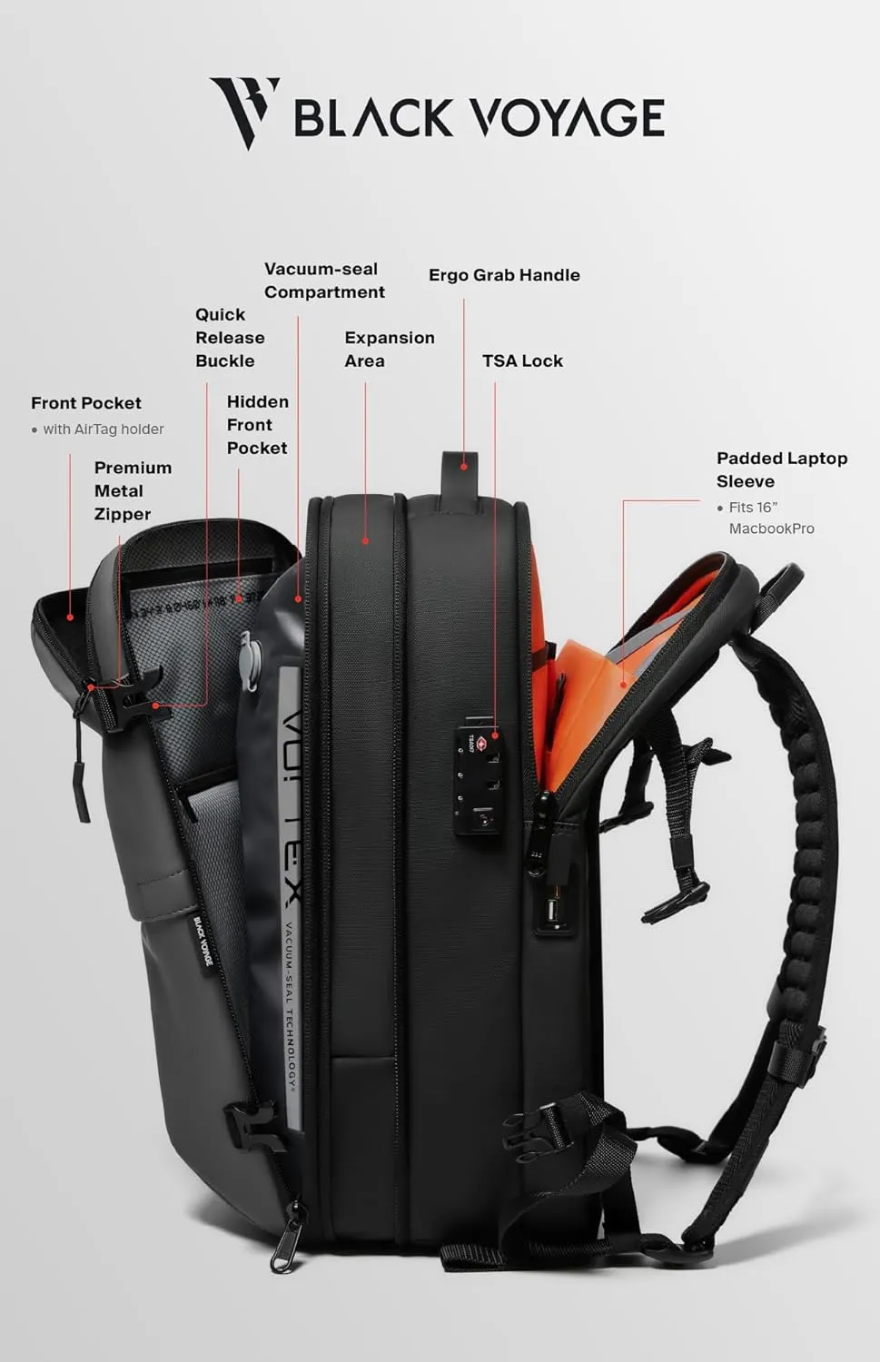 Vortex Vacuum Seal Travel Backpack 60L Exapandable Air Compression System Water Resistant TSA Lock Carry-On Suitcase Luggage Gray AERO - Vacuum Pump Included