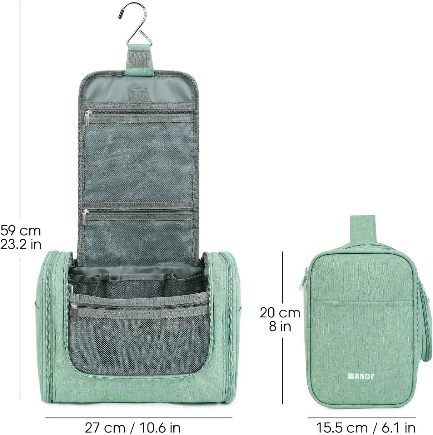 WANDF Large Hanging Toiletry Bag Travel Cosmetic Makeup Organizer Water-Resistant Shower Bathroom Bag for Women and Men (Green)