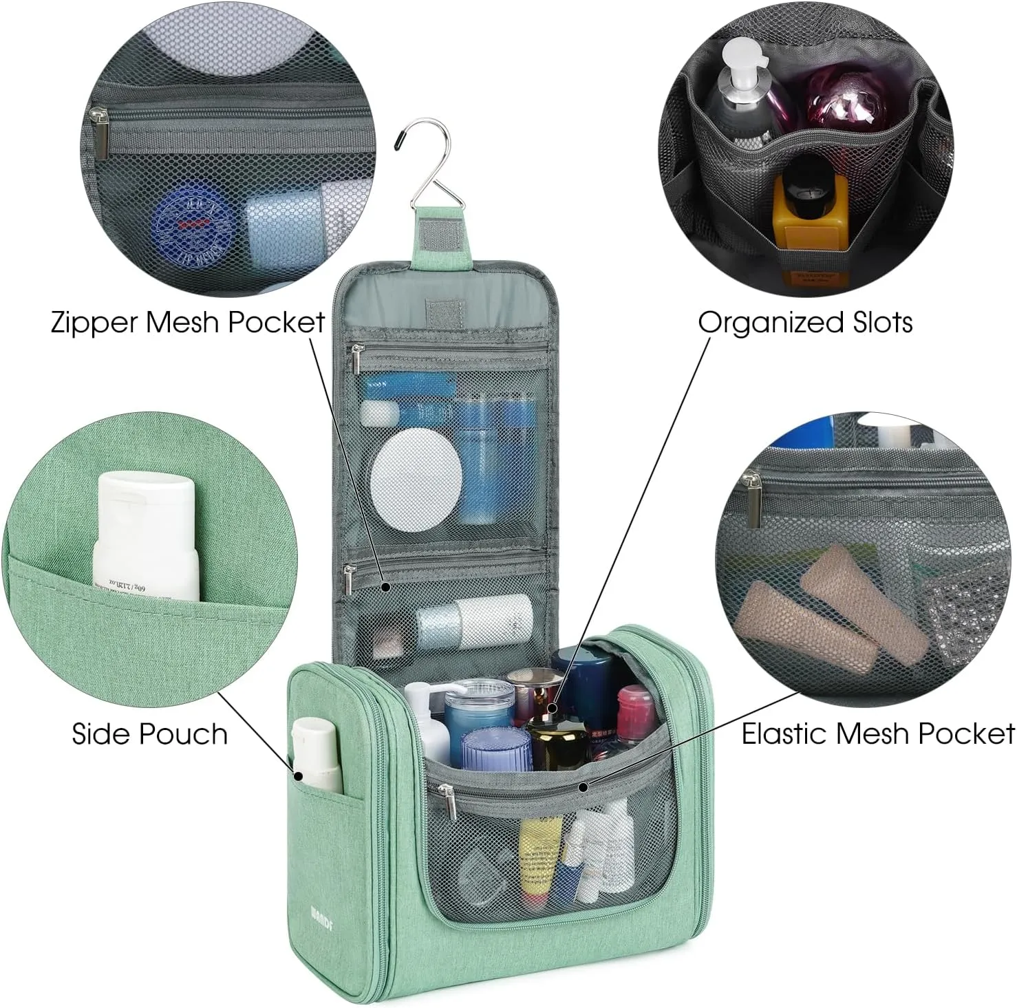 WANDF Large Hanging Toiletry Bag Travel Cosmetic Makeup Organizer Water-Resistant Shower Bathroom Bag for Women and Men (Green)