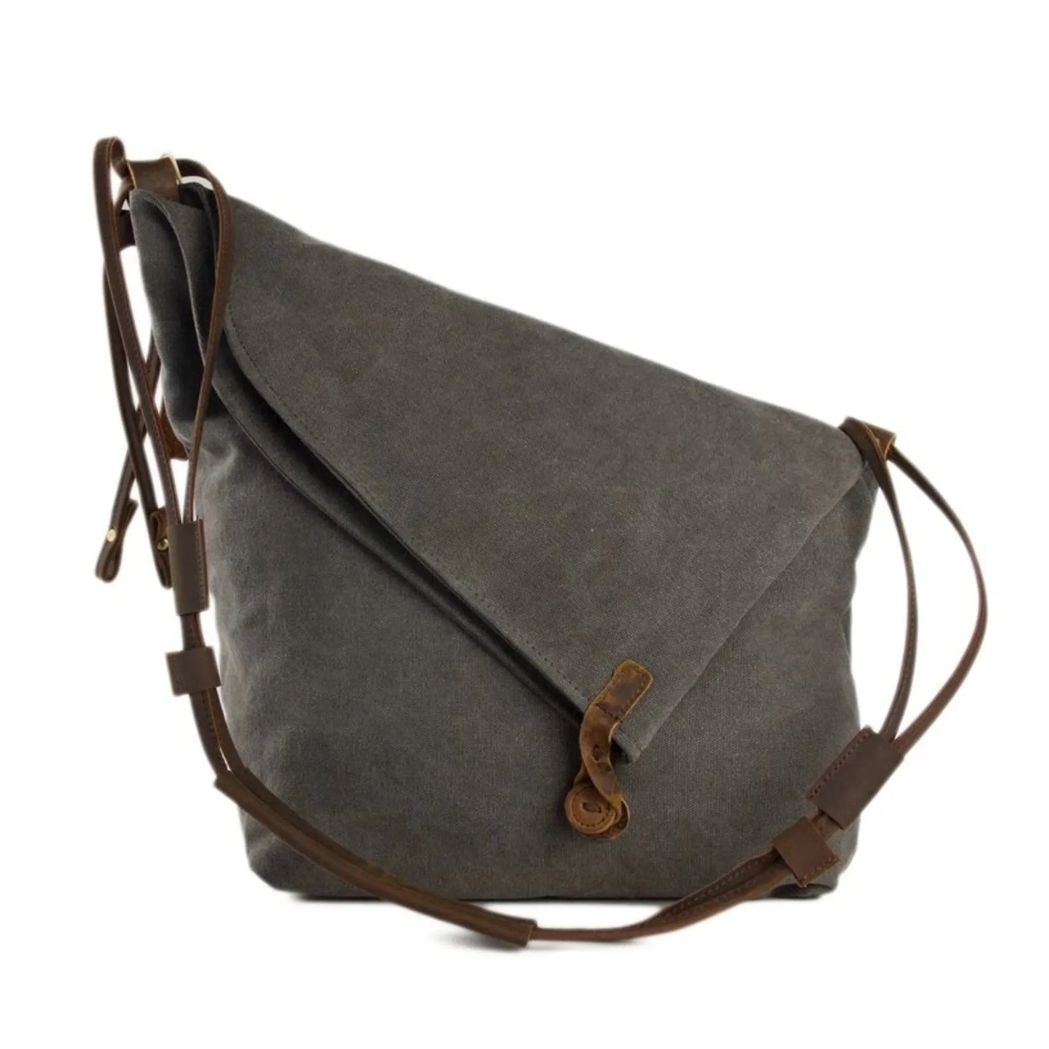 Waxed Canvas with Leather Strap Sling Bag - Dark Grey