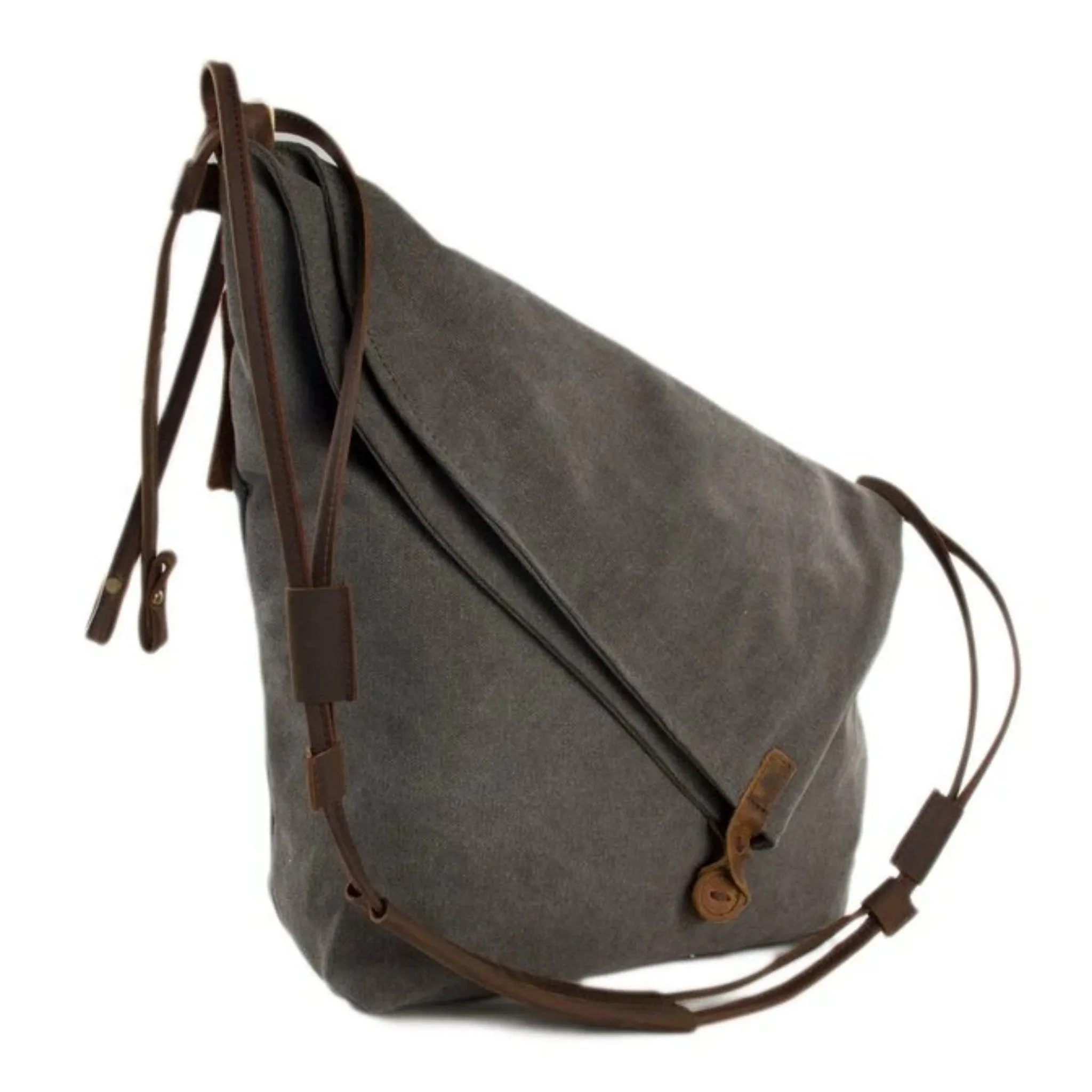 Waxed Canvas with Leather Strap Sling Bag - Dark Grey