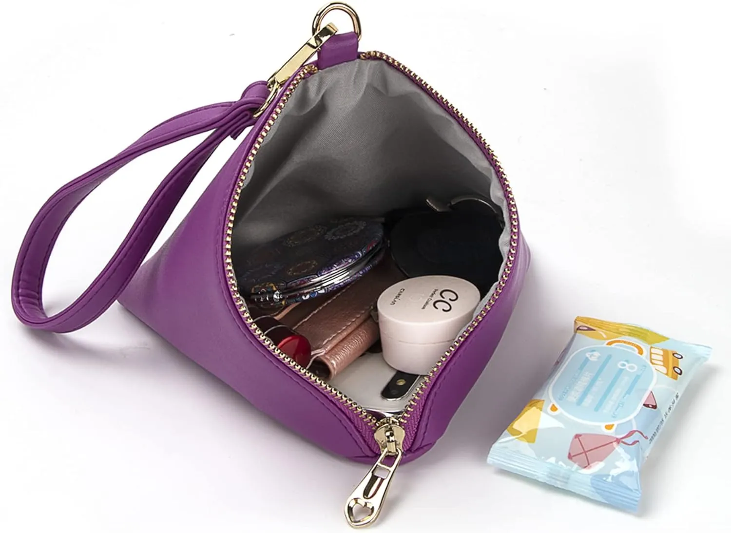 Women Leather Clutch Wallet Triangle Wristlet Purse with Wrist Strap